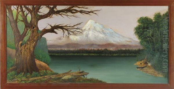 Mount Hood (oregon) From Lost Lake, With Small Indian Tepee And Campfire With Canoe Lower Right Oil Painting by Christian Eisele