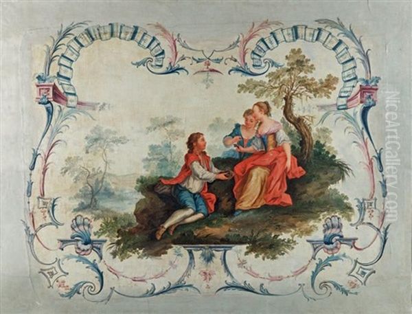 La Pipee Aux Oiseaux Dans Un Cartouche Ornemente De Lambrequins En Gris Et Bleu Oil Painting by Charles Dominique Joseph Eisen