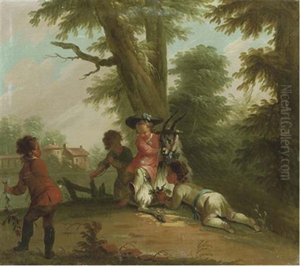 Boys Playing With A Goat Beside A Pond Oil Painting by Charles Dominique Joseph Eisen