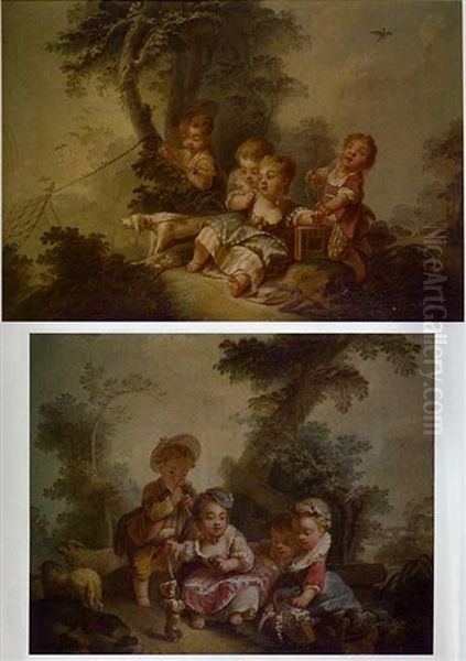 Jeux D'enfants  (+ Another, Smaller; Pair) Oil Painting by Charles Dominique Joseph Eisen