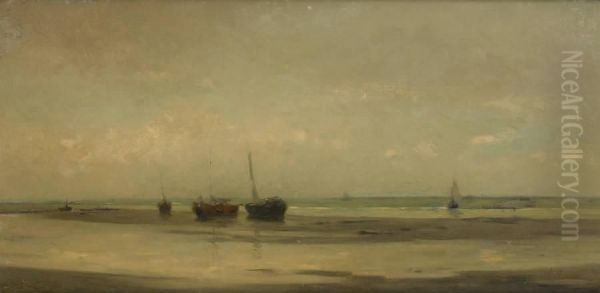 Barques Echouees Oil Painting by Louis Artan De Saint-Martin