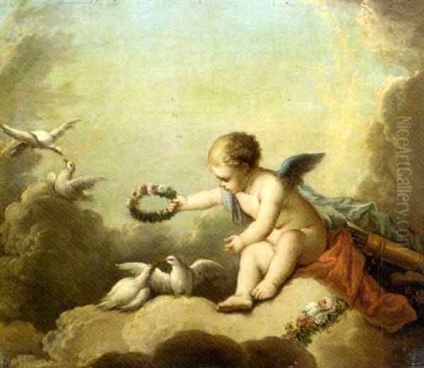 Cupid Playing With Doves Among The Clouds Oil Painting by Charles Dominique Joseph Eisen