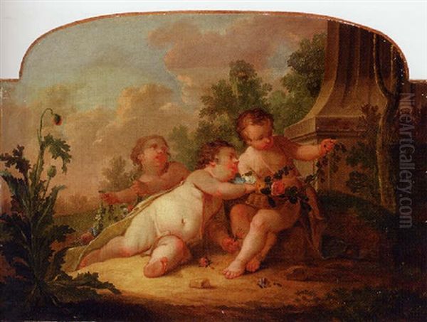 Putti Stringing Flowers In An Ornamental Garden Oil Painting by Charles Dominique Joseph Eisen