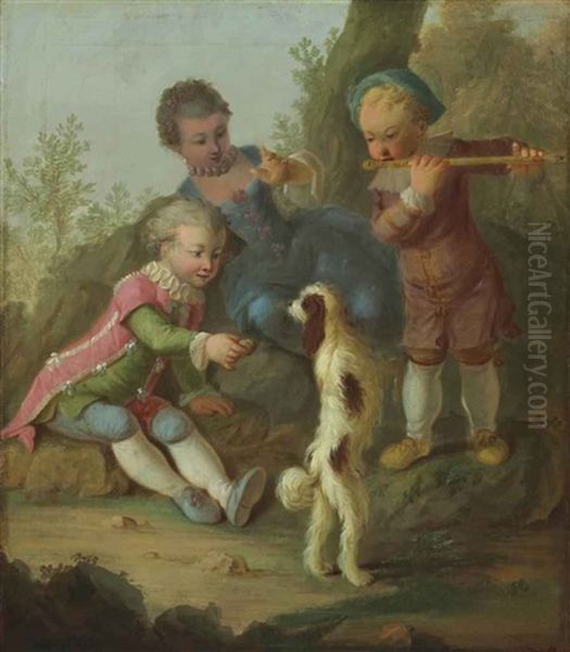 Three Children Playing With A Dog Oil Painting by Francois Eisen