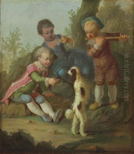 Three Children Playing With A Dog Oil Painting by Francois Eisen