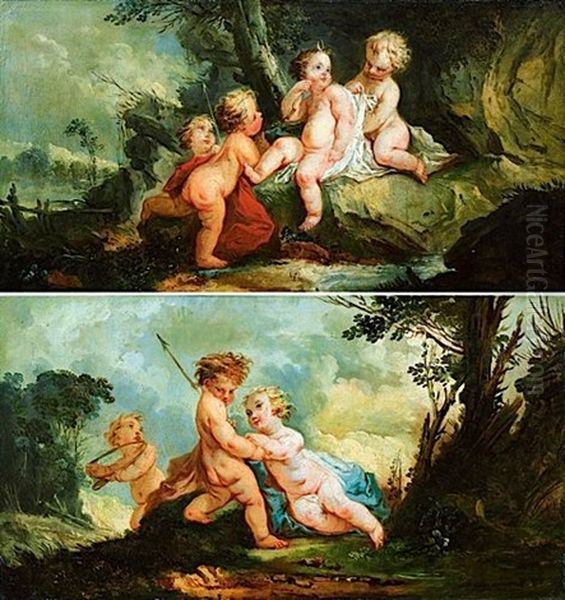 Puttis Deguises En Diane Et Ses Suivantes (+ Puttis Deguises En Mars Et Ses Acolytes; Pair) Oil Painting by Francois Eisen