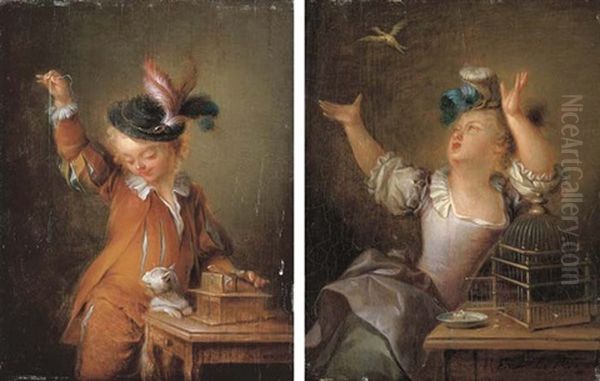 L'apparat Trompeur: A Boy Teasing A Cat With A Mouse (+ L'oiseau Envole: A Girl With A Bird Flying Out Of A Cage; Pair) Oil Painting by Francois Eisen