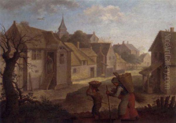 A Village Landscape With A Woman And Her Child On A Path Oil Painting by Francois Eisen