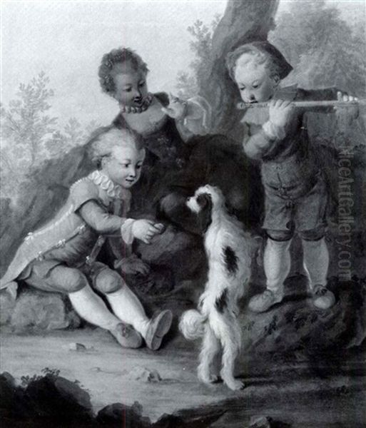 Three Children Playing With A Dog Oil Painting by Francois Eisen