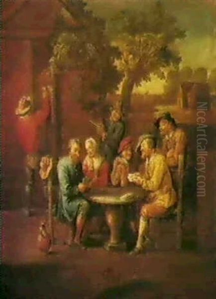 Peasants Playing Cards In A Courtyard Of An Inn Oil Painting by Francois Eisen