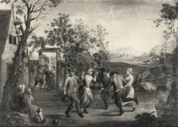 Peasants Dancing Outside An Inn Oil Painting by Francois Eisen