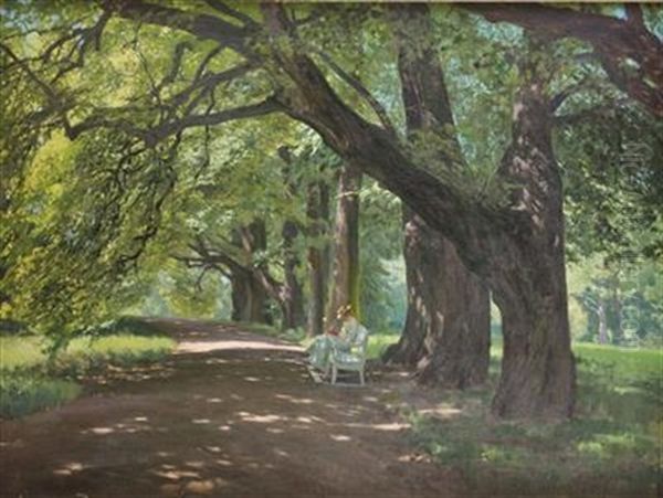 Lesende Unter Alten Linden Oil Painting by Wilhelm Eisenblaetter