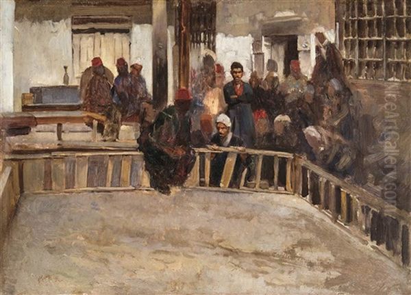 Sketch Of The Cockfight Oil Painting by Ferencz Franz Eisenhut