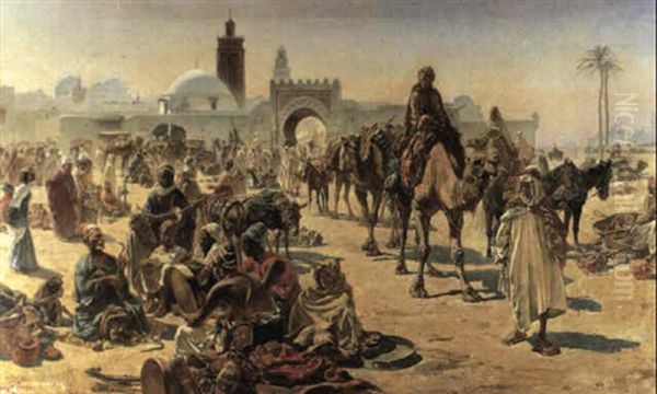 An Arab Slave Market Oil Painting by Ferencz Franz Eisenhut