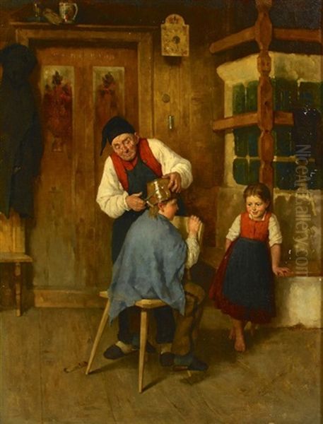 The Village Barber Oil Painting by Richard Eisermann