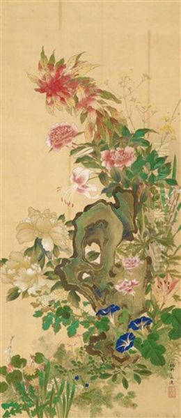 Verschiedene Blumen An Einem Felsen Oil Painting by Kano Eishin