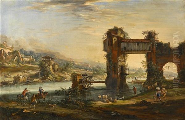 Landschaft Mit Reitern, Bauern Und Tieren Oil Painting by Giovanni Antonio Eisman