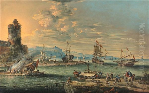 A Harbour With Figures On The Quayside In The Foreground Oil Painting by Johann Anton Eismann