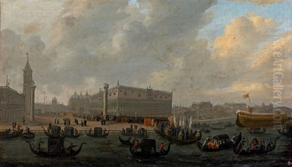 Vue Du Palais Des Doges Et De La Piazzetta Avec Un Cortege Se Rendant Sur Le Bucentaure Oil Painting by Johann Anton Eismann