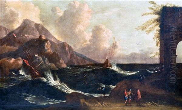 Marina Con Una Scena Di Naufragio Oil Painting by Johann Anton Eismann