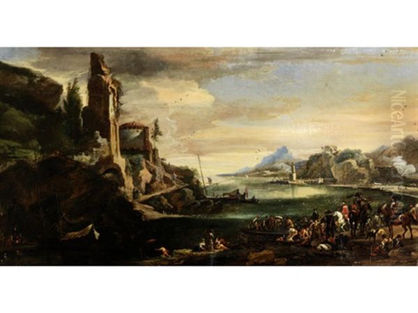 A Mediterranean Inlet With Stevedores Unloading Barges In The Foreground And Soldiers On Horseback On The Quayside Oil Painting by Johann Anton Eismann