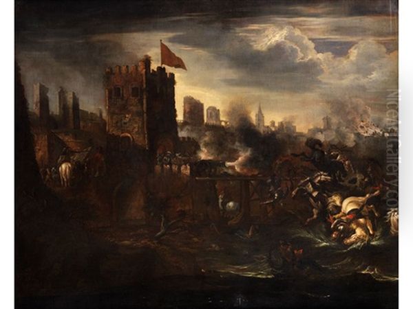 Verteidigung Einer Befestigten Stadt Gegen Ein Angreifendes Reiterheer Oil Painting by Johann Anton Eismann