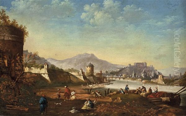 Blick Auf Die Stadt Salzburg Mit Festungswerken Von Schloss Mirabell Und Figuralen Staffageszenen Am Rechten Salzachufer Oil Painting by Johann Anton Eismann