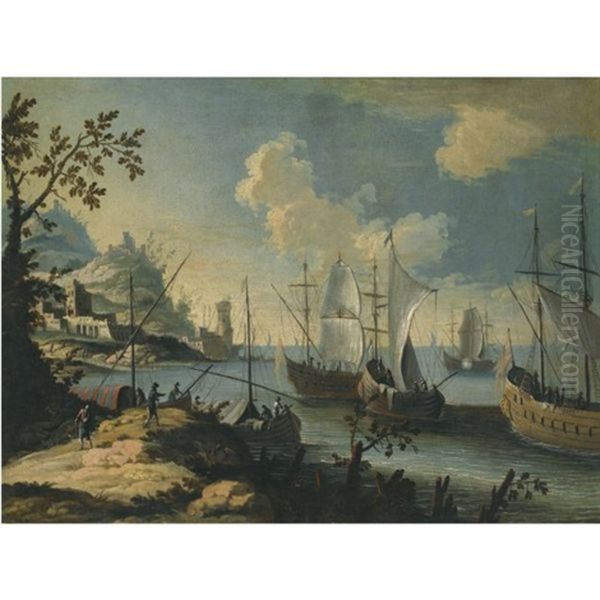 A Mediterranean Coastal Scene With Ships At Anchor And Figures On A Path To The Left Oil Painting by Johann Anton Eismann