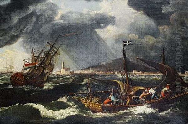 Shipping In Choppy Seas, A Mediterranean Port Beyond Oil Painting by Johann Anton Eismann