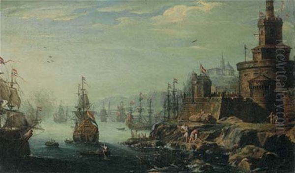 A Capriccio Of A Port With A Fortress And Figures In The Foreground Oil Painting by Johann Anton Eismann