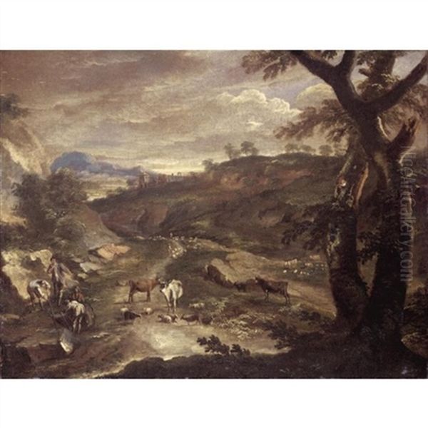 An Italianate Landscape With Drovers And Their Animals Beside A Road Oil Painting by Johann Anton Eismann