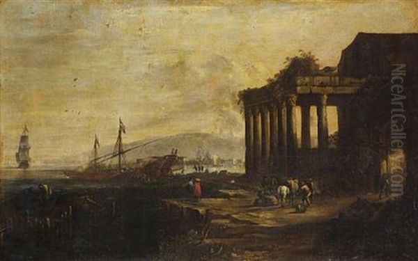 A Mediterranean Harbour With Moored Shipping With Figures On A Quayside Oil Painting by Johann Anton Eismann