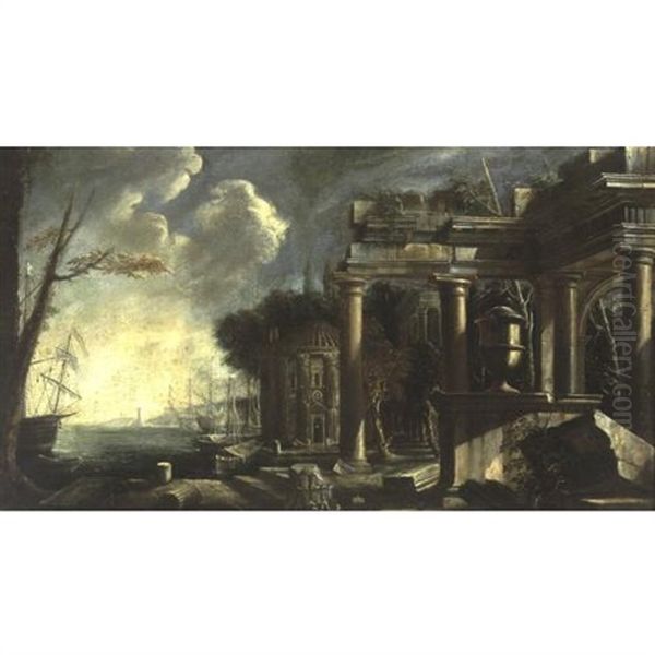 View Of A Harbor With Classical Ruins Oil Painting by Johann Anton Eismann