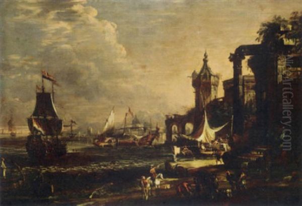 A Capriccio Of A Mediterranean Port Oil Painting by Johann Anton Eismann