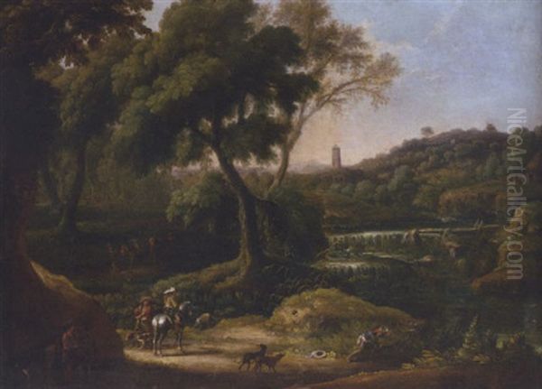 An Extensive Landscape With A Waterfall And Figures Shooting With Dogs And Horses Oil Painting by Johann Anton Eismann