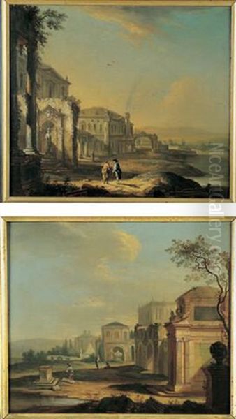 Caprice Architectural Anime De Paysans Oil Painting by Johann Anton Eismann