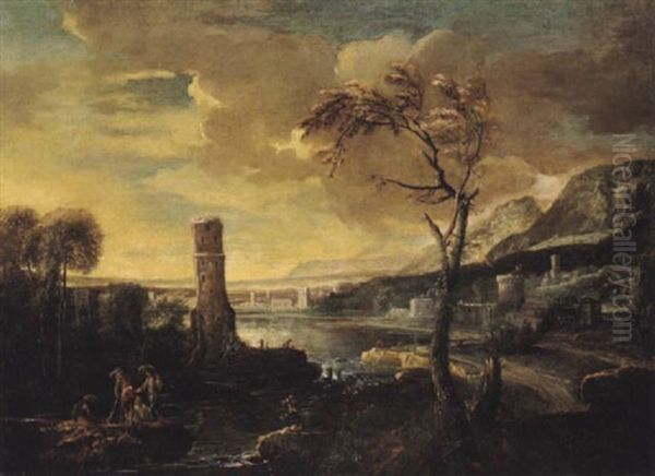 Paesaggio Fluviale Con Torre, Fluslandschaft Mit Einem Turm Oil Painting by Johann Anton Eismann