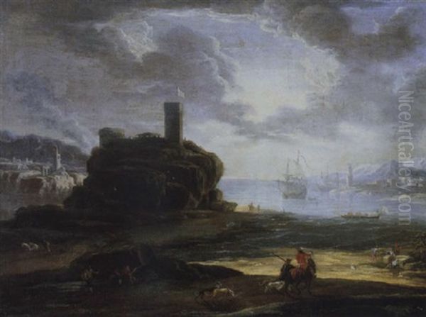 Sudlicher Seehafen Mit Einem Wachtturm Oil Painting by Johann Anton Eismann