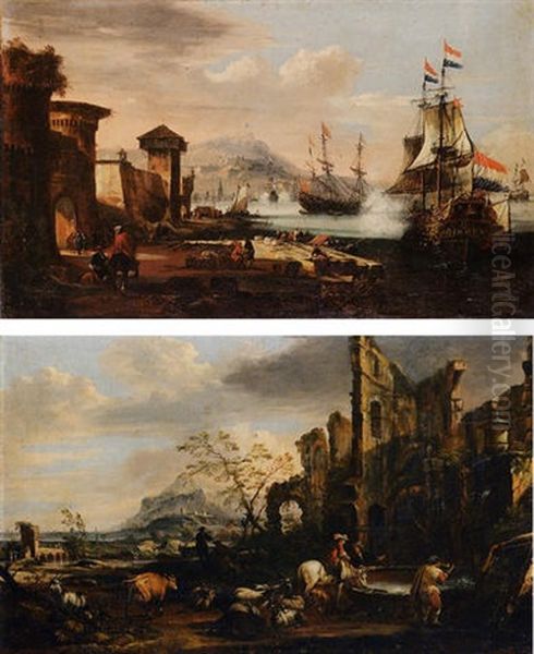 Veduta Marina Con Porto Fortificato E Galeoni All'approdo Oil Painting by Johann Anton Eismann