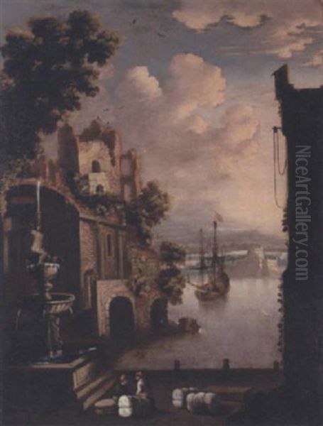 A Capriccio Harbour Scene With A Castle In The Distance Oil Painting by Johann Anton Eismann