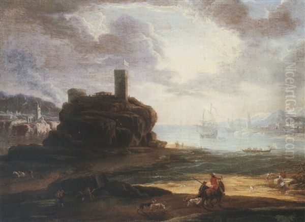 A Mediterranean Coastal Scene With A Watch-tower At Sunset Oil Painting by Johann Anton Eismann