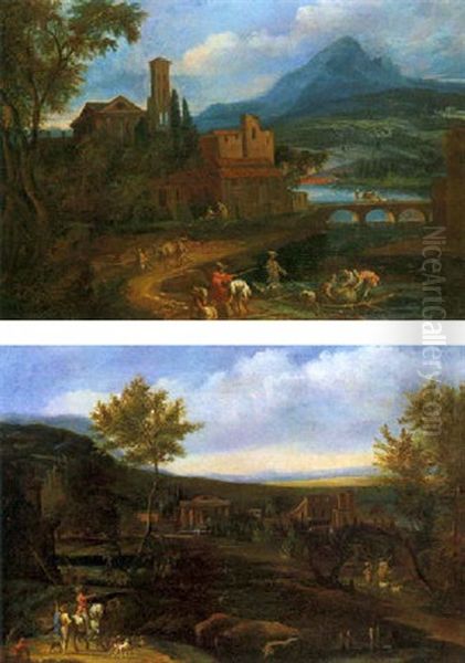 Paesaggio Fluviale Con Viandanti Ed Un Gruppo Di Casolari Oil Painting by Johann Anton Eismann