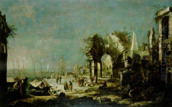 Marina Mediterranea Con Astanti Vari E Un Capriccio Di Rovine Classiche Oil Painting by Johann Anton Eismann