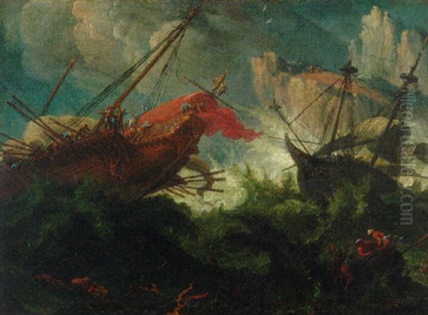 A Galley And A Man-o'-war In Stormy Seas Off A Rocky Coastline Oil Painting by Johann Anton Eismann