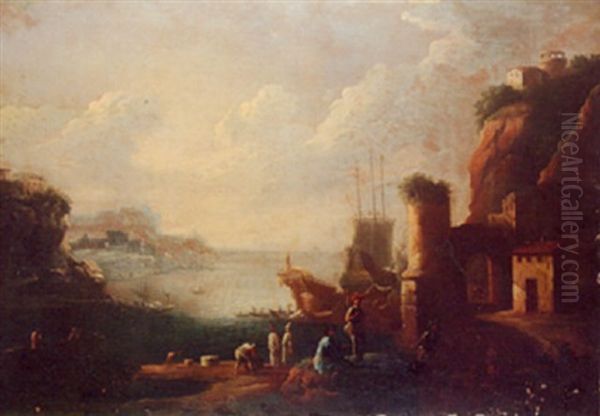 Figures At A Mediterranean Port Oil Painting by Johann Anton Eismann