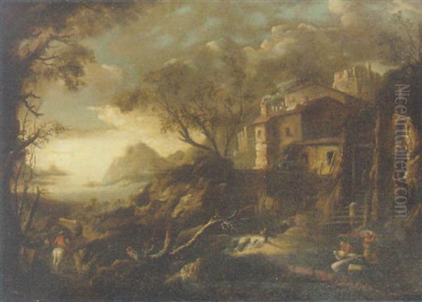 A Mediterranean Landscape With Workmen Near A Walled Village Oil Painting by Johann Anton Eismann