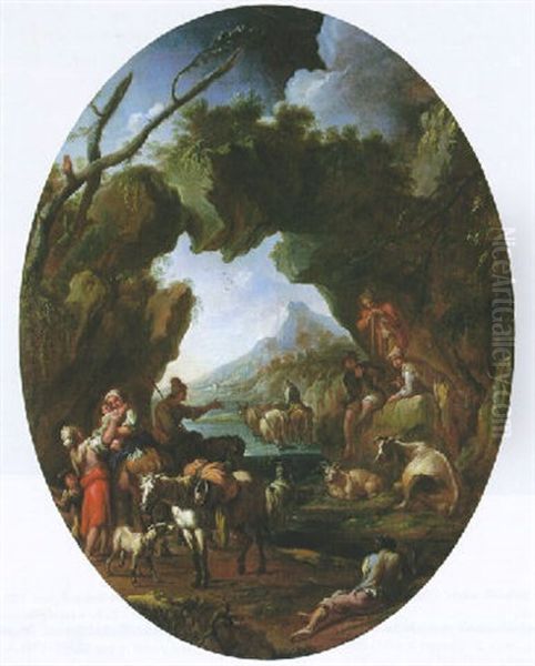 An Italianate Landscape With Peasants And Farm Animals By A Rock Arch Oil Painting by Johann Anton Eismann