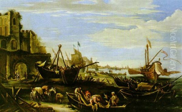 Ruinlandskap Med Hamn Oil Painting by Johann Anton Eismann