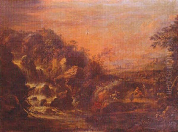 Paesaggio Immaginario Con Pescatori, Pastori E Greggi Oil Painting by Johann Anton Eismann