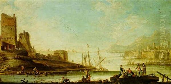 Capriccio View Of Mediterranean Ports Oil Painting by Johann Anton Eismann